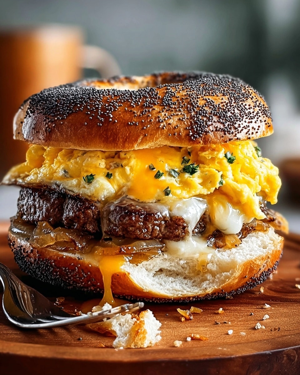 A sandwich made with a poppy seed bagel that looks toasted and golden brown with seeds on top, broken slightly at the edge. The first layer inside is melted cheese dripping slightly, sitting on a thick, juicy beef patty cooked with caramelized onions. Above the patty is a fluffy, bright yellow scrambled egg layer with some green herbs sprinkled on it. The sandwich rests on a wooden board with some crumbs around it and a metal fork next to it, all set against a white marbled texture background. Photo taken with an iphone --ar 4:5 --v 7