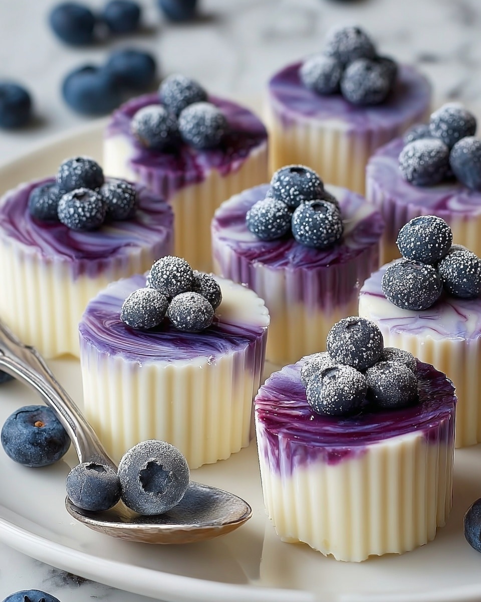 The image shows seven small round desserts with two clear layers. The bottom layer is creamy white with a smooth, slightly shiny texture and ridged sides. The top layer is a purple and white swirl, marbled with soft waves of color, making each dessert unique. On top of each dessert sits a fresh, plump blueberry dusted lightly with white powder. The desserts are arranged closely on a white plate with a silver spoon resting beside them. The background has a white marbled texture, and some loose blueberries are scattered next to the plate. Photo taken with an iphone --ar 4:5 --v 7