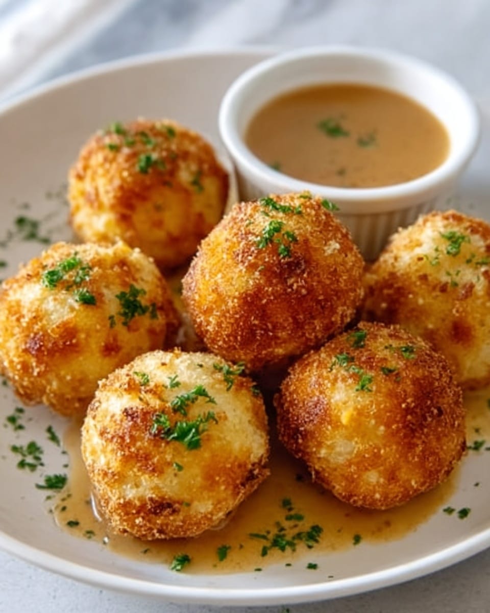 A white plate on a white marbled surface holds six golden brown, crispy fried balls with a slightly rough texture, sprinkled with small green herb bits. The balls are stacked in a small pyramid, showing a crunchy, well-fried outer layer. Next to them is a small white bowl filled with a light brown sauce, smooth in texture. The photo taken with an iphone --ar 4:5 --v 7
