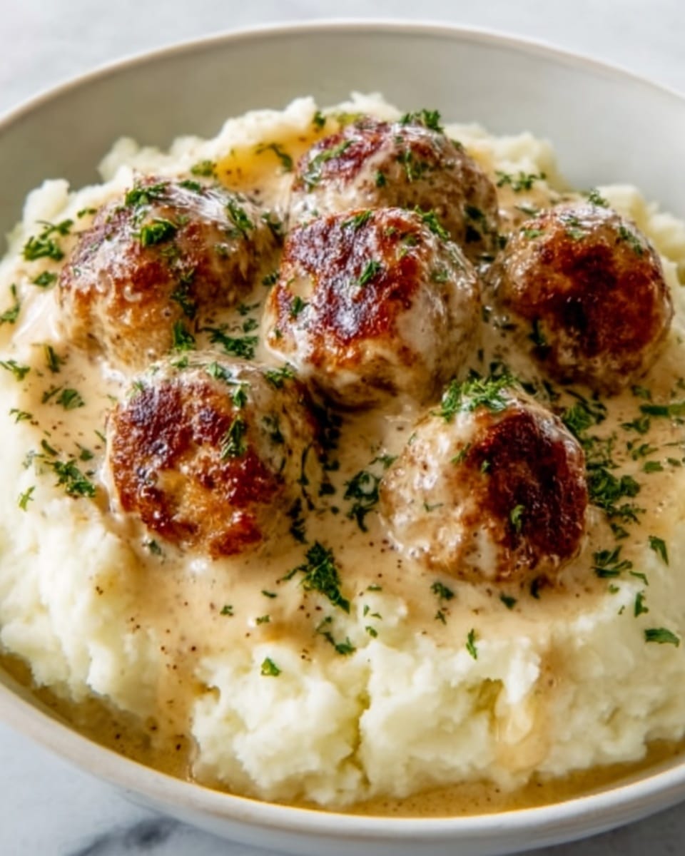 A white round plate holds a bed of creamy mashed potatoes with a smooth, fluffy texture and off-white color. On top, there are six browned meatballs covered in a rich, creamy light brown sauce, with small green herb bits sprinkled over everything. The meatballs are arranged in a close circle, with some sauce pooling between and around them, creating a warm, inviting look. Small green herb garnishes add a fresh touch on top and around the edges. The background is a white marbled texture. Photo taken with an iphone --ar 4:5 --v 7