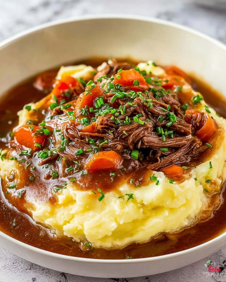 The image shows a deep white bowl filled with three visible layers. The bottom layer is smooth, creamy mashed potatoes with a pale yellow color. On top of the mashed potatoes is a rich brown gravy with chunks of what looks like tender, shredded beef and bright orange carrot pieces. The dish is topped with small, chopped fresh green herbs scattered evenly over the meat and carrots. The bowl sits on a surface with a white marbled texture. photo taken with an iphone --ar 4:5 --v 7
