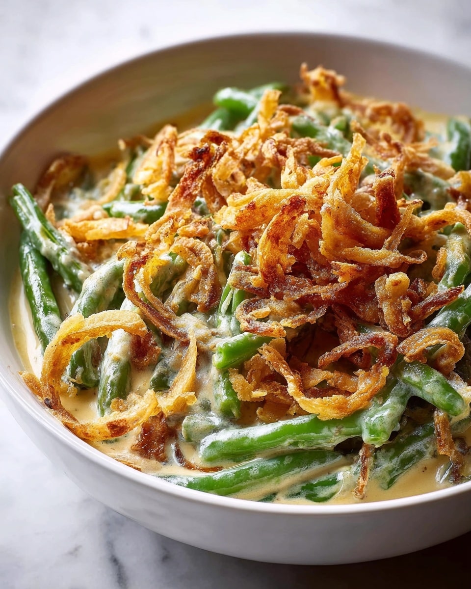 A close-up of a white bowl filled with green bean casserole featuring three layers: a bottom layer of whole bright green beans, a middle layer of creamy white sauce with a smooth texture partially covering the beans, and a thick top layer of golden-brown crispy fried onion rings scattered unevenly, some overlapping and curled, all placed on a white marbled surface with a few small sprigs of green parsley nearby, photo taken with an iphone --ar 4:5 --v 7