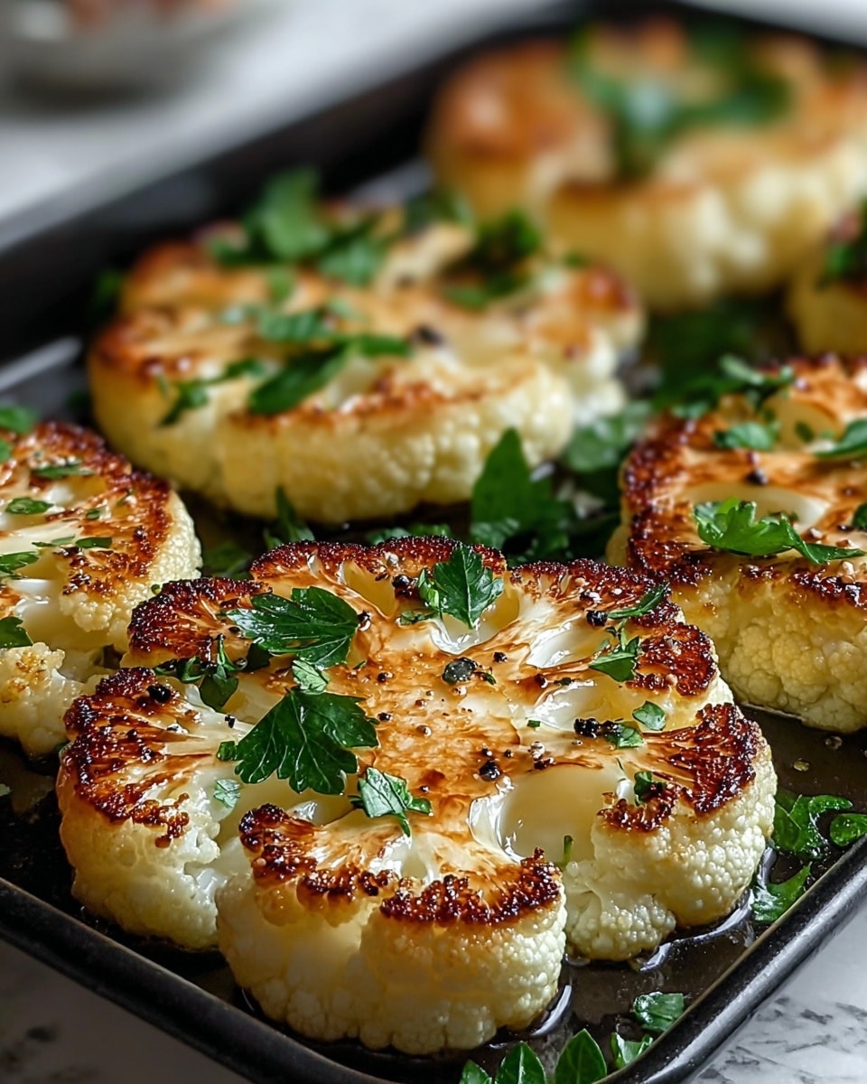 The image shows four thick cauliflower steaks, each with a caramelized golden brown top layer, placed on a dark pan. The top has bubbly, browned spots indicating they were roasted or grilled. Bright green chopped parsley leaves are scattered over the cauliflower, adding a fresh contrast. A light shine of oil glistens on the surface and tiny black pepper specks are visible, enhancing the texture and color contrast. The background is softly blurred, giving focus to the detailed texture and colors of the cauliflower steaks. photo taken with an iphone --ar 4:5 --v 7