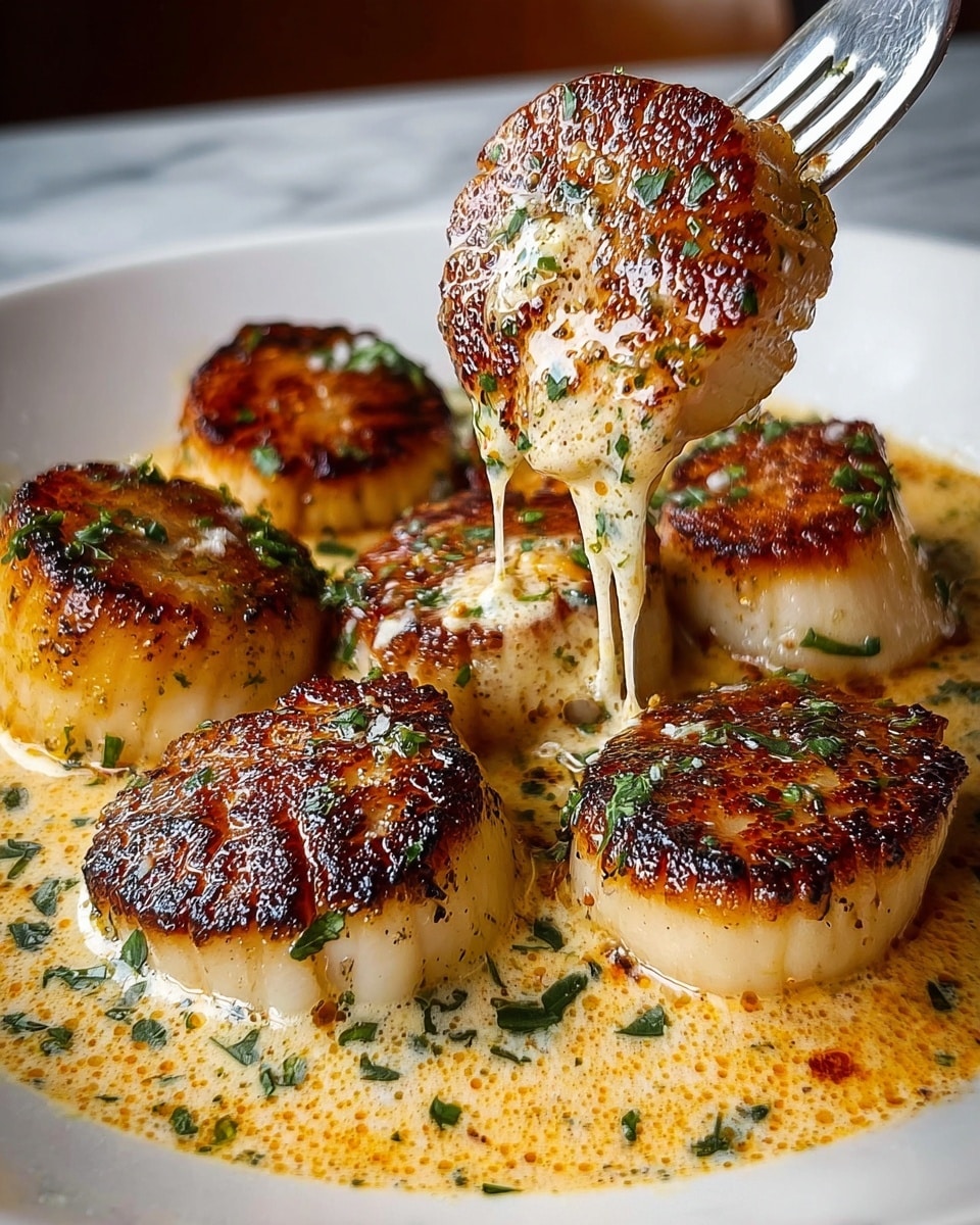 A white plate holds seven seared scallops with a golden brown, slightly crispy top layer surrounding the tender white middle. The scallops sit in a creamy yellow-orange sauce that is speckled with red seasoning and sprinkled green herbs. A woman's hand is lifting one scallop with a fork, showing the scallop covered in the sauce and herbs dripping slightly from it. The texture of the scallops contrasts the smooth sauce beneath them. The background is a white marbled texture. photo taken with an iphone --ar 4:5 --v 7