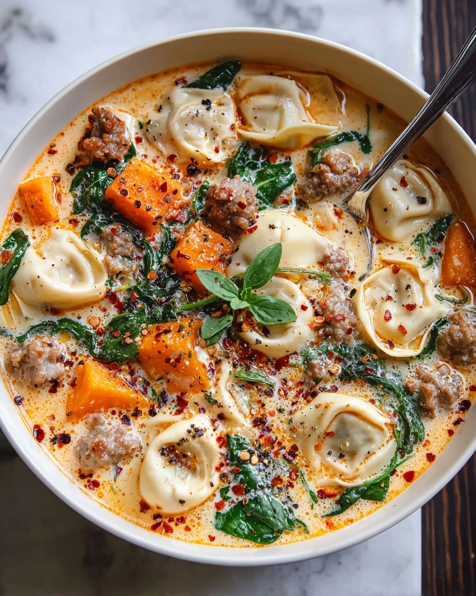 A white bowl filled with creamy soup that has an orange tint and small red chili flakes floating on top. Inside the soup, several pale yellow tortellini pasta pieces float near the surface. Bright green spinach leaves and large, orange chunks of butternut squash add color throughout. Brown crumbled sausage pieces are scattered on top, and a sprig of fresh green herb rests in the center. A silver spoon is partially submerged on the right side, with the soup's creamy texture visible around it. The bowl sits on a white marbled surface. Photo taken with an iphone --ar 4:5 --v 7