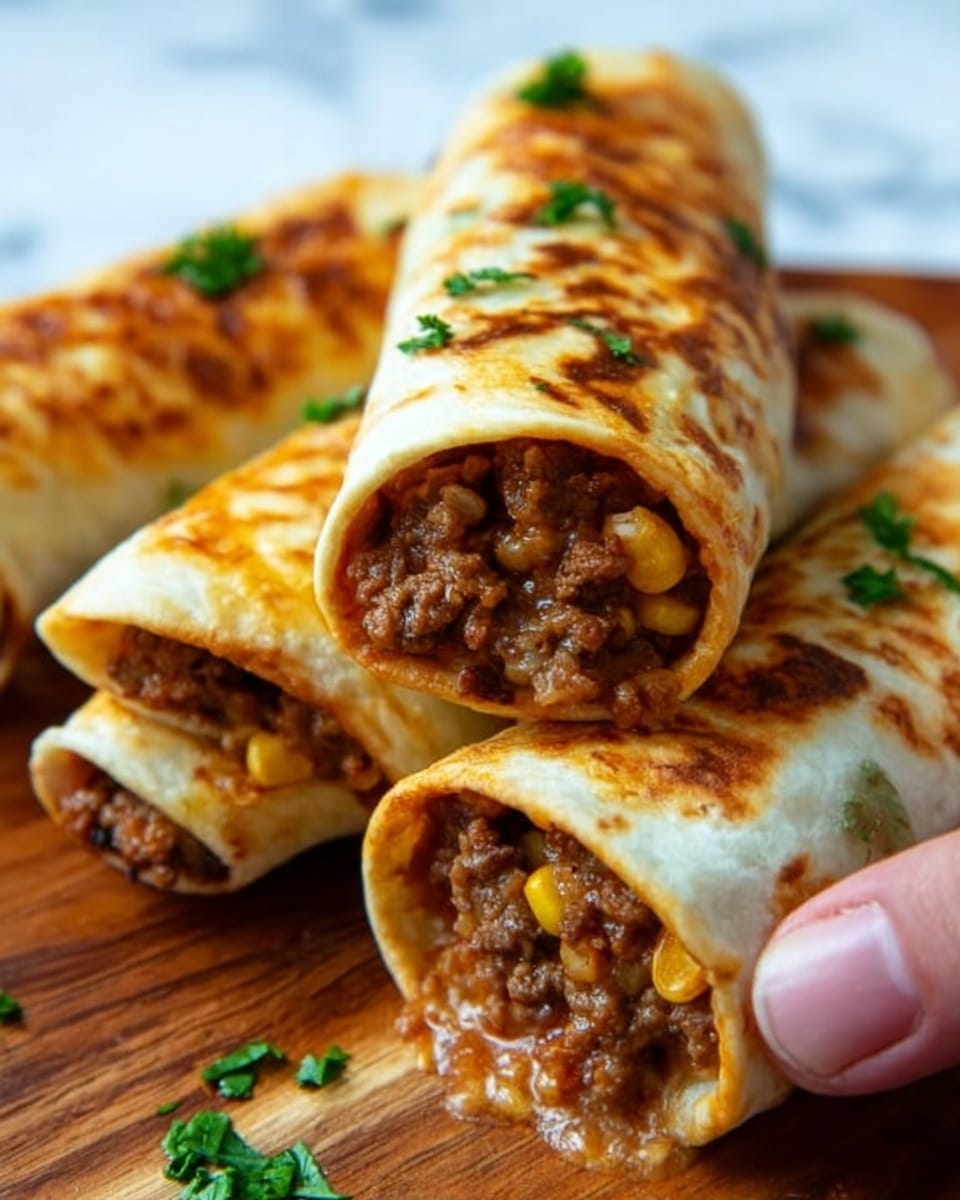 The image shows three rolled crepes filled with a savory mixture of minced meat and corn kernels. Each crepe has a thin, golden-brown outer layer with slight browning spots, giving a crispy texture on the outside. Inside, the meat filling is dark brown and chunky, mixed evenly with bright yellow corn pieces. The crepes are stacked in a slightly overlapping way on a wooden surface, garnished with small green herb pieces scattered on and around them. The focus is on the open end of the top crepe, showing the filling clearly. photo taken with an iphone --ar 4:5 --v 7
