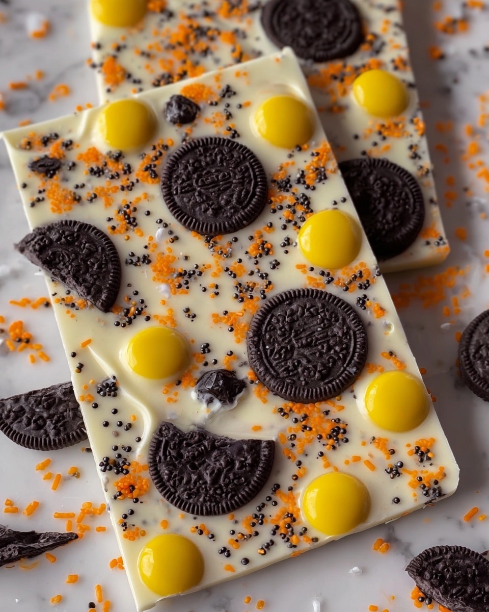 A close-up image shows a white chocolate bark base with multiple layers and colorful toppings. The bottom layer is smooth white chocolate with a glossy finish. On top, whole and halved dark sandwich cookies with detailed patterns are scattered, adding a crunchy texture. Small dark chocolate chips are spread evenly among the cookies. Bright orange sugar sprinkles add a crunchy, colorful touch, scattered all over the bark. There are also a few bright yellow candy-coated chocolates placed randomly, creating contrast against the white and dark elements. The pieces of bark are broken into irregular shapes on a white marbled surface. photo taken with an iphone --ar 4:5 --v 7
