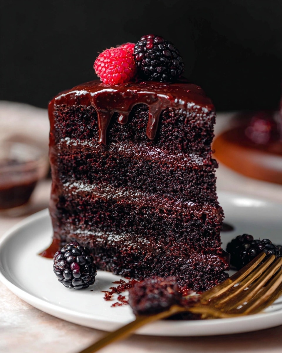 The image shows a three-layer dark chocolate cake slice on a white plate, each layer rich and moist with smooth chocolate filling in between. The top of the slice is covered with glossy, slightly dripping dark chocolate ganache. On top of the cake, there are fresh berries including one bright red raspberry, two shiny black blackberries, and one small dark grape. A blackberry with a bit of red filling sits on the plate beside the cake, resting in a pool of chocolate sauce. A golden fork with an ornate handle lies on the right side of the plate. The background features a white marbled texture. photo taken with an iphone --ar 4:5 --v 7