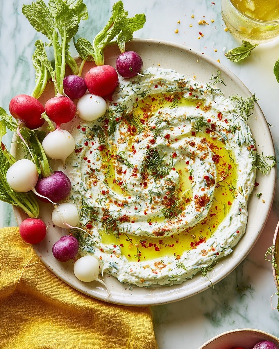 A white plate holds a swirl of creamy white dip, topped with golden olive oil drizzled over it. The surface of the dip is sprinkled with red chili flakes and green, coarse spices. Around part of the dip are fresh radishes in red, white, and deep pink colors, with green leafy tops still attached, laid out on one side of the plate. The plate sits on a light yellow cloth, on top of a white marbled surface. In the corner, there is a glass with a lemon slice and a small yellow bowl with red spices and a spoon nearby. photo taken with an iphone --ar 4:5 --v 7