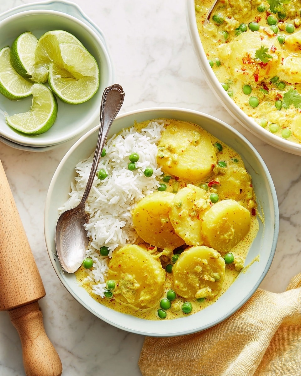 The image shows a white bowl filled halfway with white rice on the left side and creamy yellow curry with round potato slices and green peas on the right side. The yellow curry looks thick and envelops the potatoes and peas, with some curry sauce spread on the bowl edge. A silver spoon rests inside the bowl with its handle on the bottom left. Above, there is a large white cooking pot mostly filled with the same yellow curry, showing potato slices, green peas, and a whole red chili. To the right, a white bowl holds lime wedges. All items sit on a surface with a white marbled texture, and a soft yellow cloth with a wooden spoon handle peeks from the top left corner. photo taken with an iphone --ar 4:5 --v 7