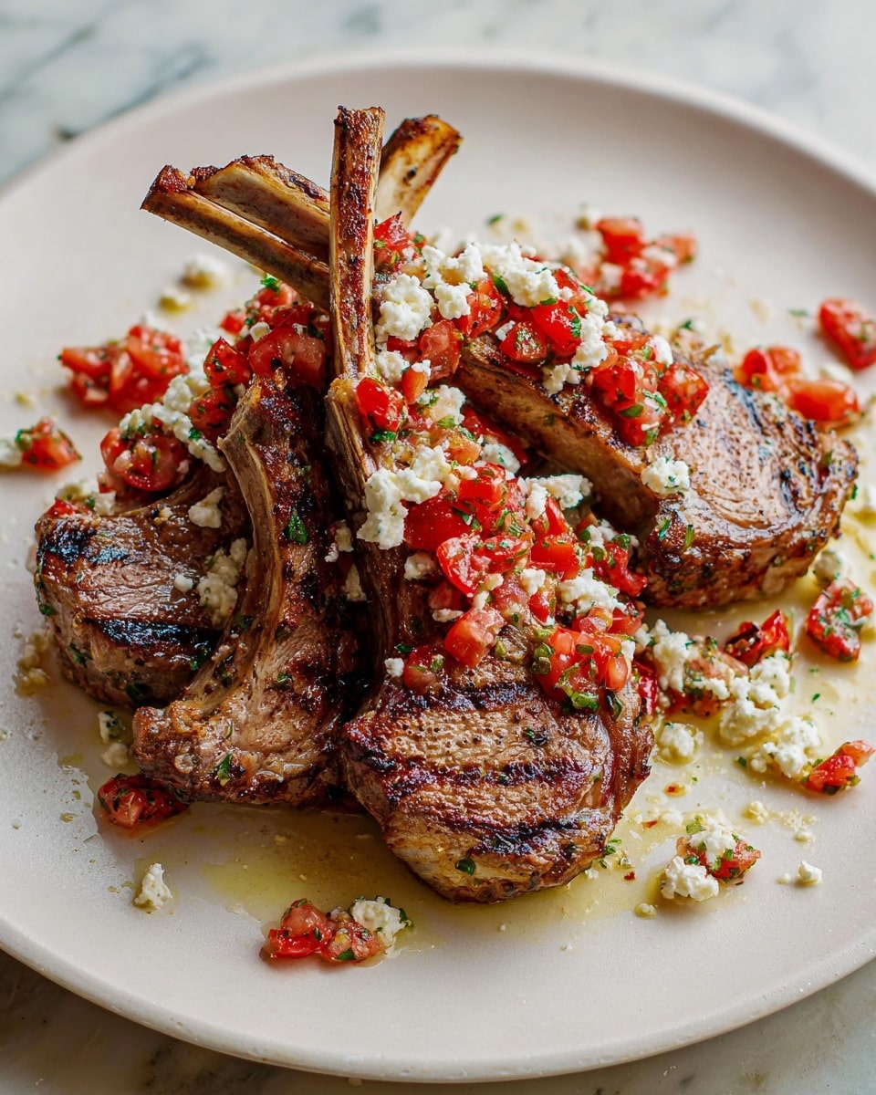 The dish shows several cooked lamb chops arranged in a slightly overlapping way on a plain white plate. The lamb chops have a rich golden-brown color with some darker grill marks and caramelized edges. On top and around the chops, there is a fresh topping made of chopped red tomatoes mixed with white crumbly cheese and small green herbs, adding a fresh color contrast. There are light olive oil droplets on the plate, giving a slight shine. The plate is set on a white marbled surface. photo taken with an iphone --ar 4:5 --v 7