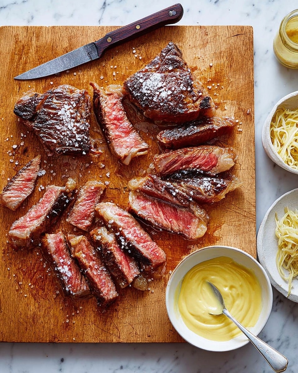 A wooden cutting board sits on a white marbled surface, topped with several thick slices of medium-rare steak showing a brown crust and pink center, some pieces with creamy white fat edges. To the right of the steak is a small white bowl filled with smooth, light yellow sauce and a spoon resting in it. Nearby, a jar of mustard is open, revealing its mustard-yellow contents. The scene is bright and detailed, highlighting the juicy texture of the steak and the creamy sauce beside it. Photo taken with an iphone --ar 4:5 --v 7