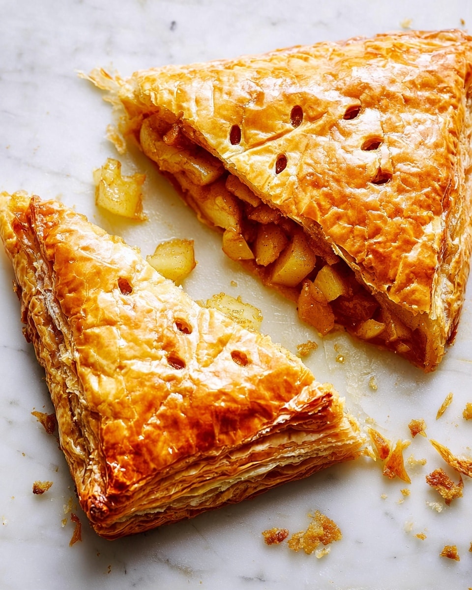 A golden-brown puff pastry pie is shown on a white marbled surface, partially cut to reveal a thick middle layer of caramelized, chunky apple pieces with a glossy texture. The top pastry layer is shiny with a slightly uneven crisp texture, having small slits for ventilation. Crumbs of crispy, flaky pastry are scattered around the pie on the surface, adding to the rustic look. photo taken with an iphone --ar 4:5 --v 7