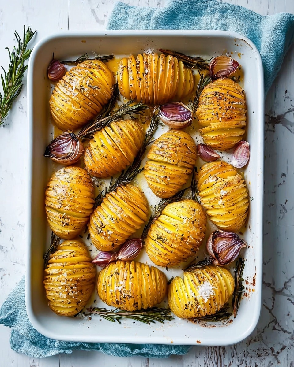 A white rectangular tray holds eleven baked Hasselback potatoes, each sliced into many thin, even layers that fan out slightly, showing a mix of golden brown crispy edges and soft yellow inside parts. The potatoes are seasoned with visible coarse salt and pepper, giving a textured surface, and are placed randomly but closely together. Scattered among the potatoes are several sprigs of dark green rosemary and a few cloves of roasted garlic with browned skin that adds a rustic look. The tray rests on top of a light blue cloth, all set on a white marbled background. photo taken with an iphone --ar 4:5 --v 7