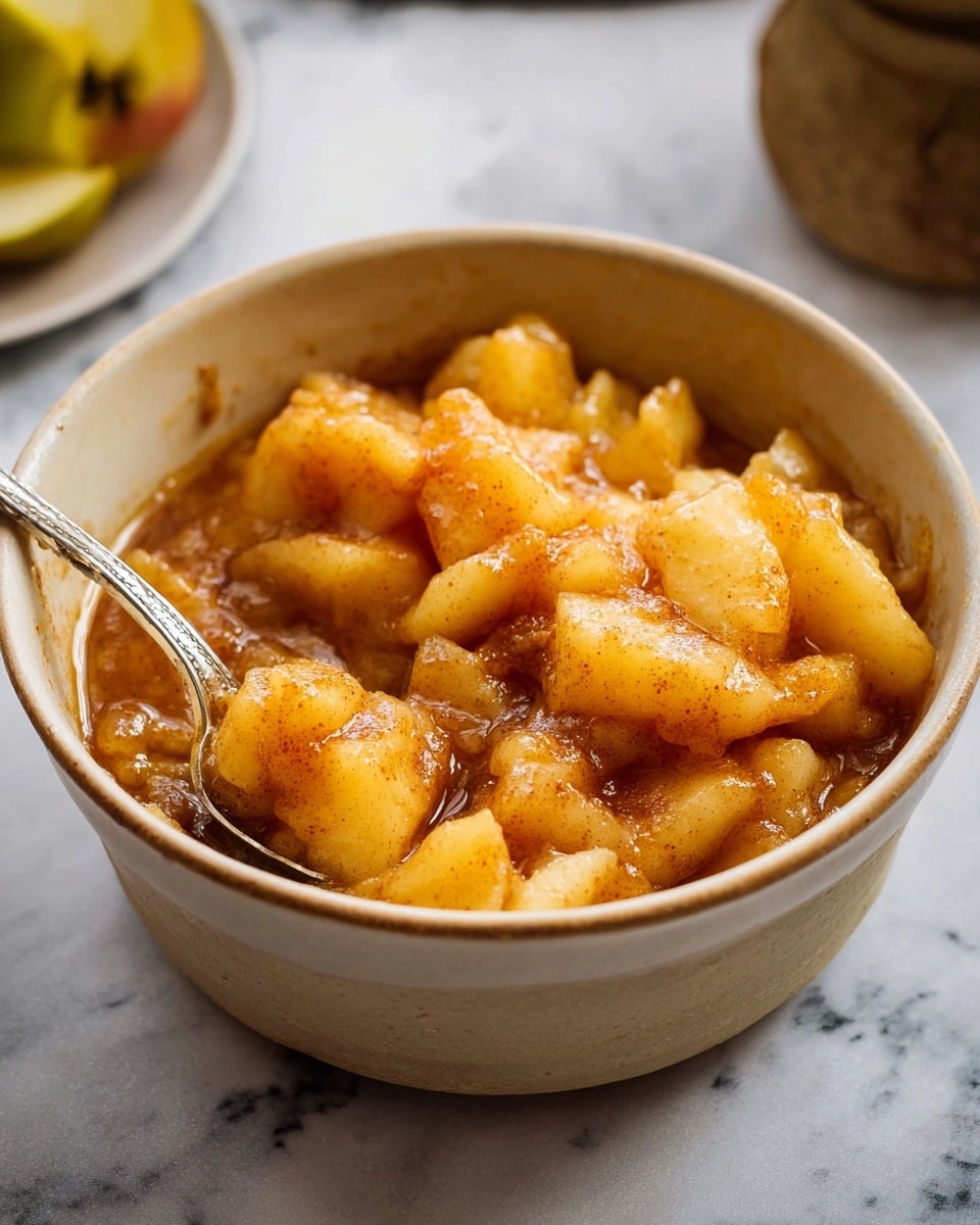 A close-up view of a white bowl filled with chunky cooked apple pieces mixed in a soft, saucy, brown cinnamon-spiced layer. The apple chunks are pale yellow with a slightly translucent texture, sitting on and mixed with a thicker, glossy brown layer that looks like cooked cinnamon sugar. A metal spoon is partially inserted into the bowl, lifting some of the apple mixture. The bowl rests on a white marbled surface. photo taken with an iphone --ar 4:5 --v 7