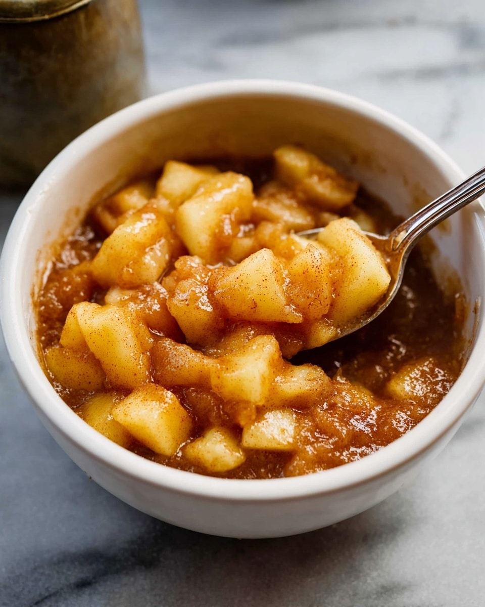 A beige bowl filled with cooked apple chunks in a thick, soft sauce that is golden brown with visible darker cinnamon specks, the apple pieces are mixed with the sauce creating a slightly chunky texture with some translucent areas. A silver spoon is dipped into the apples, with part of it resting inside the bowl. The bowl sits on a white marbled surface with some blurred yellow and green elements in the background. photo taken with an iphone --ar 4:5 --v 7