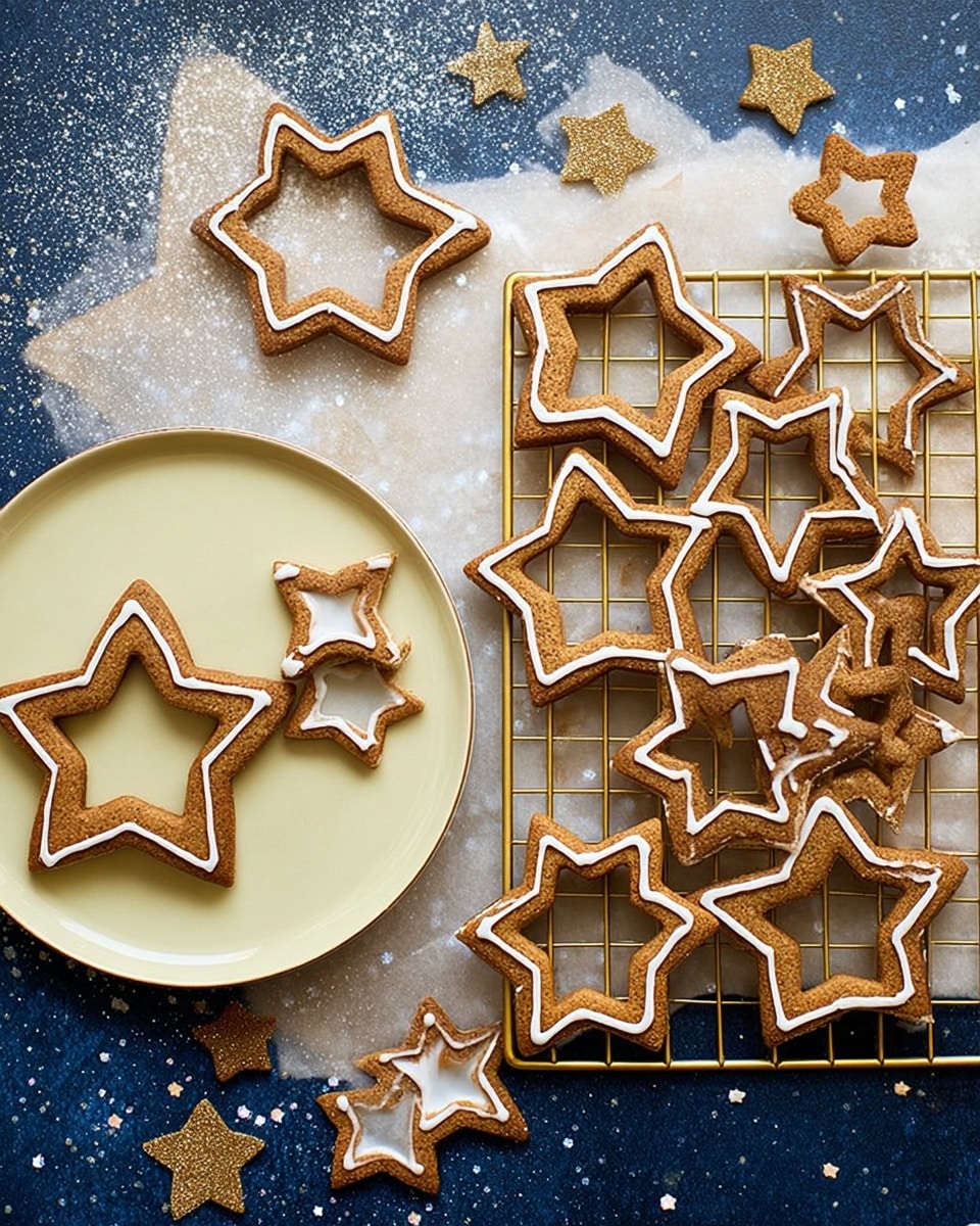 A collection of star-shaped ginger cookies is shown, with some whole stars and some star-shaped cookies with hollow centers. There are a total of twelve cookies on a metal cooling rack placed on a white marbled surface. Three smaller cookies are placed on a white plate to the left side. Each cookie is a golden brown color and outlined with white icing, giving a neat border. The cookies have a slightly rough, baked texture and are arranged in a scattered but organized way on and around the rack. The background is a soft blue fabric texture with a gold ribbon and decorative star shapes nearby, adding a festive touch. Photo taken with an iphone --ar 4:5 --v 7