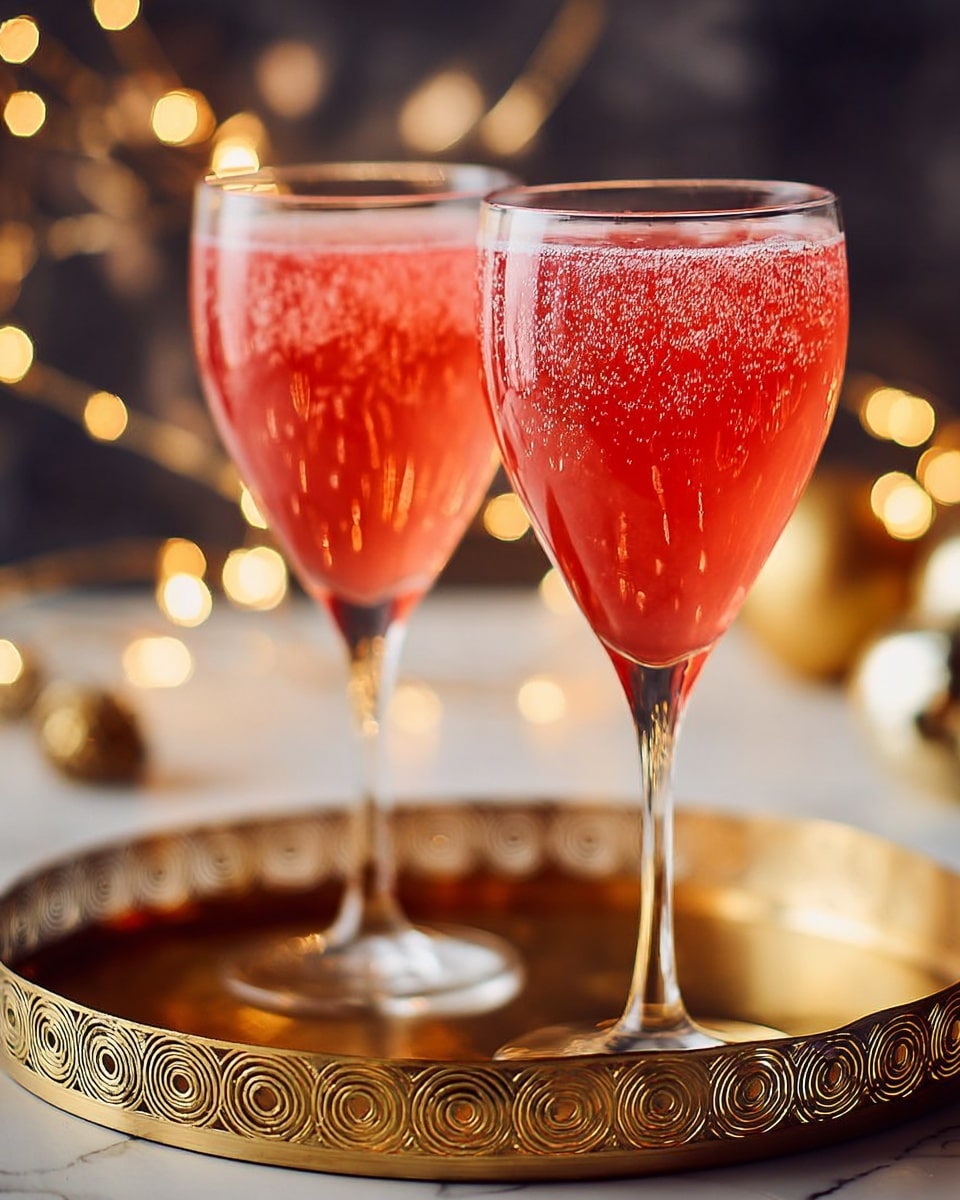 Two tall, elegant clear glasses with delicate swirl patterns etched around the bowls hold a pink drink with a slightly frothy texture on top. The glasses stand side by side on a shiny, round golden tray with ornate circular designs along its edge. The background has soft, warm round lights creating a cozy, festive feeling. The overall scene is warm and inviting with shiny golden candle holders in the background. Photo taken with an iphone --ar 4:5 --v 7