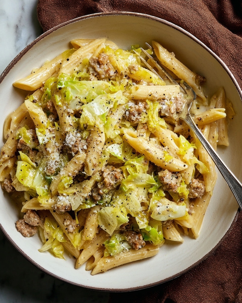 A close-up of a white bowl filled with creamy penne pasta mixed with light green cabbage pieces and small brown sausage bits, all covered in a light yellow sauce with visible mustard seeds. Finely grated white cheese is sprinkled on top unevenly. A silver fork rests inside the bowl on the right side, with some pasta speared on it. The bowl is placed on a white marbled surface with a brown rough cloth beside it. Photo taken with an iphone --ar 4:5 --v 7