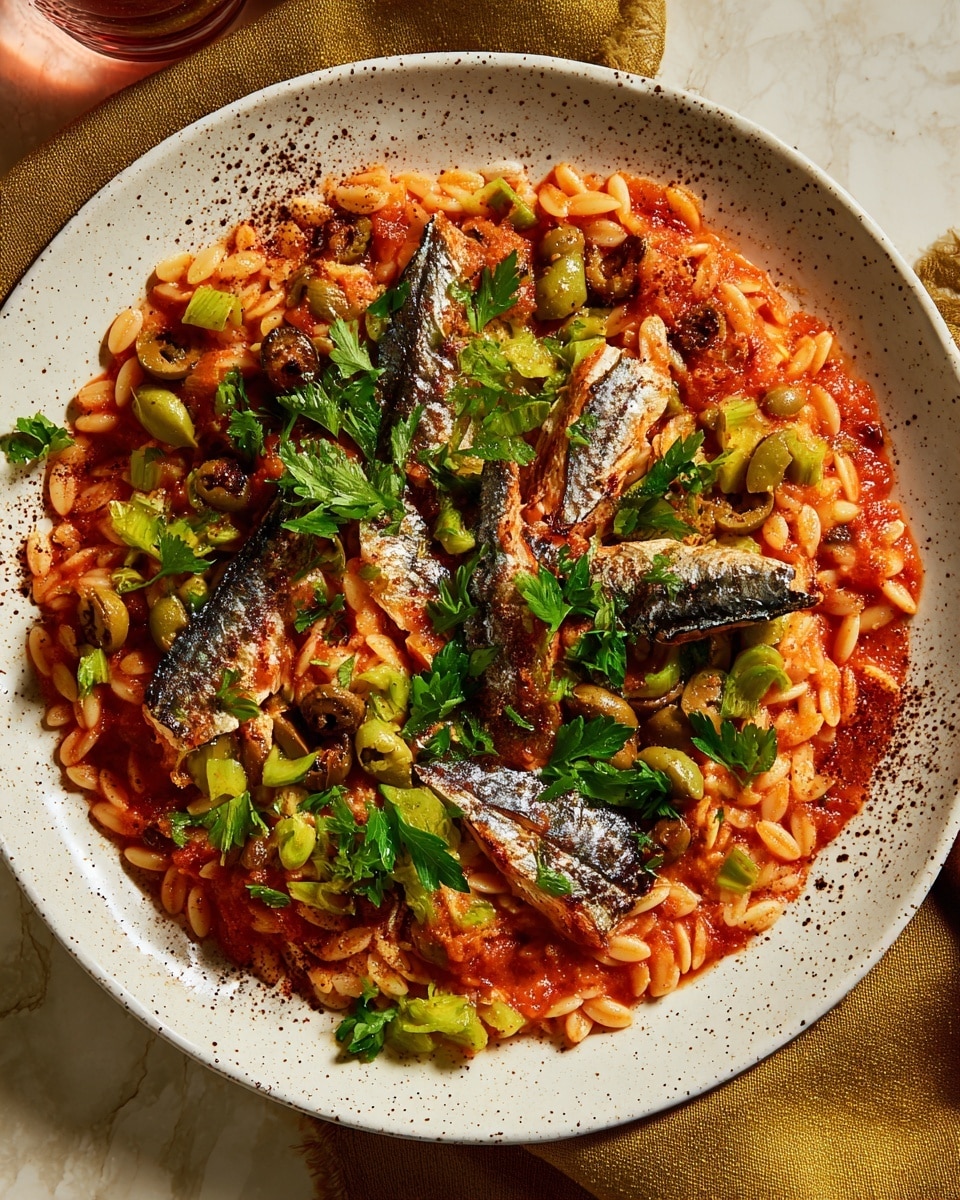 The dish is presented on a large white speckled plate, filled with a base layer of small, rice-shaped pasta coated in a thick, red tomato sauce. Scattered on top are several pieces of grilled fish with lightly charred skin, adding a flaky texture and silvery color contrast. The dish is garnished generously with chunks of green olives and fresh green parsley leaves, adding brightness and a fresh look. There are slight black pepper specks sprinkled over everything, adding texture and depth. The plate sits on a white marbled surface with a mustard-colored cloth nearby, complementing the warm, vibrant colors of the food. photo taken with an iphone --ar 4:5 --v 7