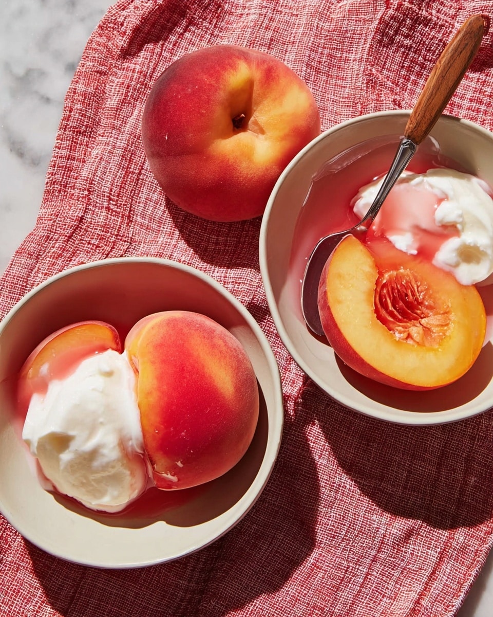 Two white bowls each hold one whole peeled peach with a smooth, shiny pinkish-red skin and one peach half showing its light yellow flesh and pit cavity. Next to the peaches in both bowls is a dollop of white whipped cream with a slight pink drizzle on top. A silver spoon with a wooden handle rests in the lower bowl on the right side. The bowls are placed on a red cloth background with a white and light brown checkered cloth folded and partly visible on the right side. The scene is bright and warm with soft shadows. Photo taken with an iphone --ar 4:5 --v 7