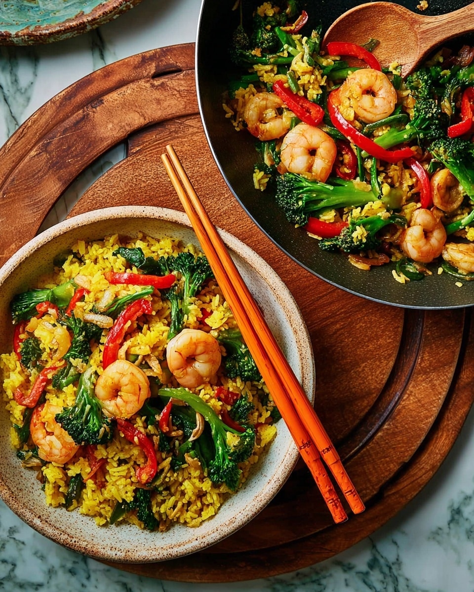 A bowl of yellow rice mixed with green broccoli, red bell pepper strips, and pink shrimp, all sitting in a white bowl with an earthy texture; two orange chopsticks rest diagonally on the bowl's rim. Next to it, a dark skillet on a wooden board holds sautéed shrimp, green broccoli, and red bell pepper strips with a wooden spoon resting inside. The background is a white marbled texture. photo taken with an iphone --ar 4:5 --v 7
