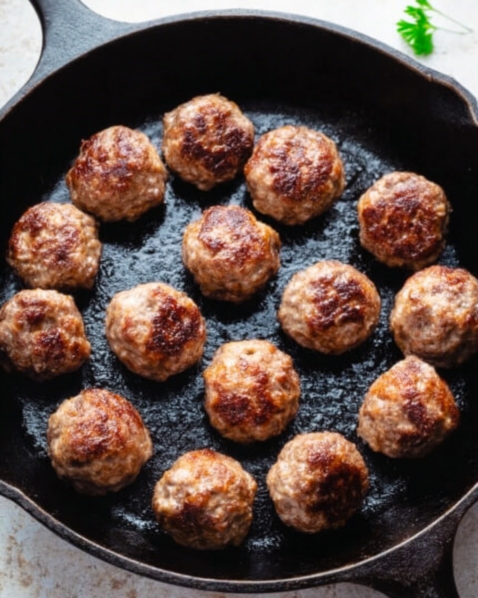 The image shows a black cast iron pan filled with small, round meatballs. There are about thirteen meatballs spread evenly across the pan. Each meatball has a browned, slightly crispy exterior with uneven textures showing some seared spots and light cracks. The background surface is white marble. photo taken with an iphone --ar 4:5 --v 7