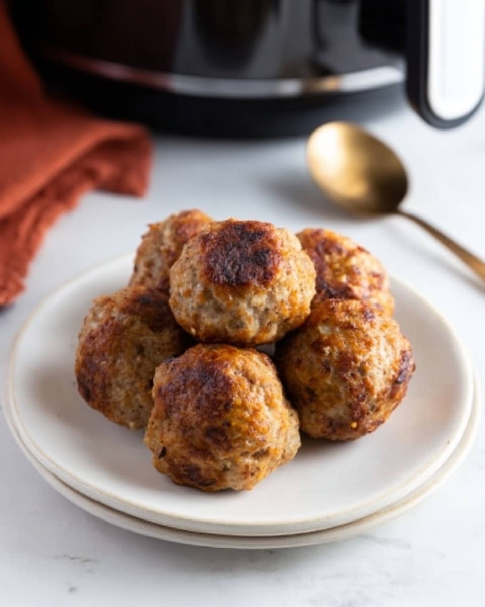 A white plate sits on a white marbled surface with a small pile of five round, golden-brown meatballs clustered in the center. The meatballs have a slightly crispy texture on the outside with some darker brown spots showing they are well cooked. In the background, there is a black air fryer and a gold spoon to the right, partly visible, adding context but keeping focus on the meatballs. The lighting highlights the warm color of the meatballs, making them look appetizing. photo taken with an iphone --ar 4:5 --v 7