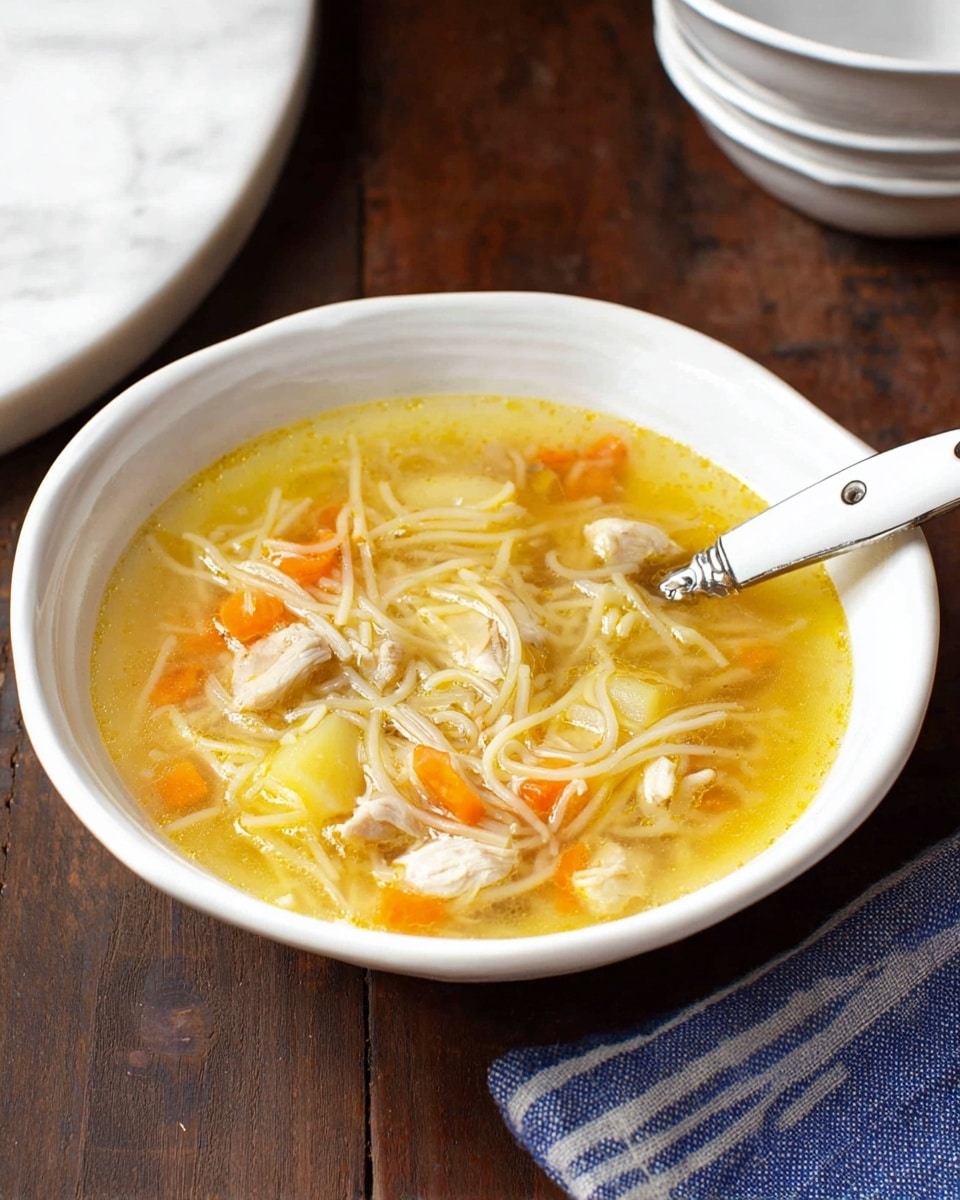 A white bowl filled with clear yellow broth soup with small pieces of cooked chicken, thin white noodles, thin orange carrot strips, and small light yellow potato chunks all mixed evenly. A white spoon with silver rivets rests inside the bowl, partially submerged in the soup near the bowl's edge. The bowl sits on a dark wooden surface with a blue and white striped cloth partially visible on the right side and a stack of white bowls in the background on the left, all against a white marbled texture. Photo taken with an iphone --ar 4:5 --v 7