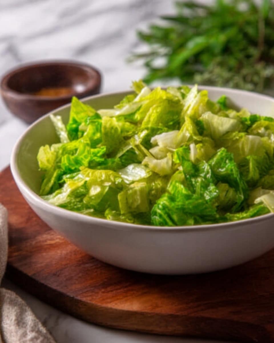 A white bowl filled with fresh green salad sits on a wooden board over a white marbled surface. The salad has two main layers: a base layer of chopped light green lettuce and a top layer of darker green leafy herbs and small greens evenly spread. The textures range from crisp and smooth for the lettuce to delicate and slightly rough for the herbs. The scene includes a small brown bowl with sauce on the left side, partly blurred. Photo taken with an iphone --ar 4:5 --v 7