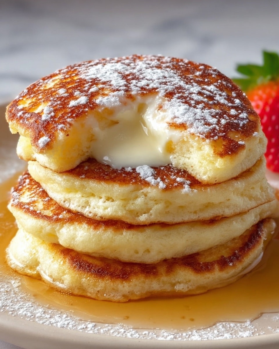 A stack of three thick, fluffy pancakes sits on a white plate with a white marbled texture background. Each pancake has a golden-brown top with a slightly crisp texture and a soft, light-yellow inside. The top pancake has a neat bite taken out, showing creamy white melted butter slowly oozing out. The pancakes are dusted with powdered sugar, and there is a light drizzle of syrup pooling around the base of the stack. In the back, a small part of a red strawberry with green leaves is visible, adding a fresh touch to the scene. Photo taken with an iphone --ar 4:5 --v 7