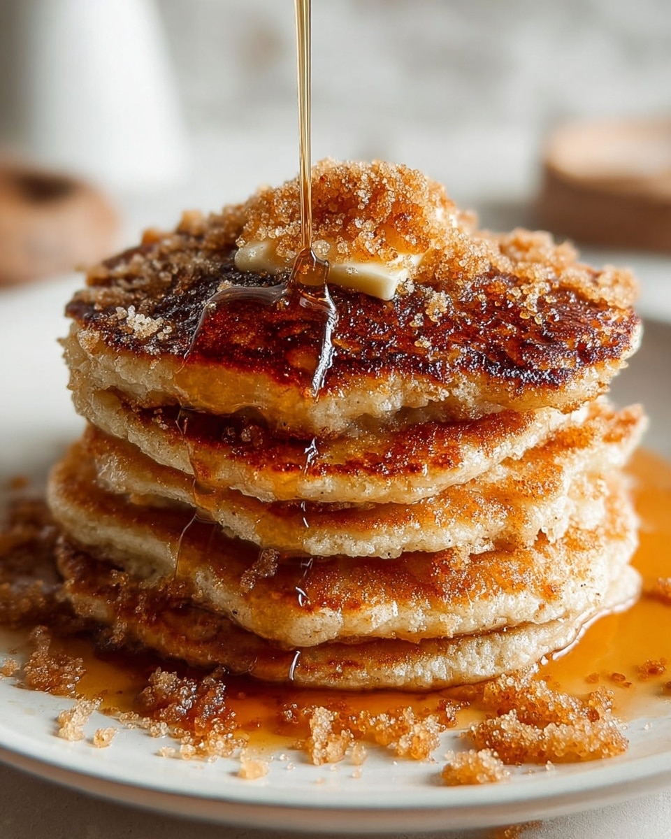 A stack of five golden-brown pancakes sits in the center of a white plate with a slightly rough edge. On top of the stack is a dollop of melting butter covered with a thick layer of coarse brown sugar, its texture grainy and slightly clumped. Amber syrup is being poured over the top pancake, creating a shiny, sticky glaze that drips down the sides and pools at the base of the stack. Some of the brown sugar and syrup have scattered loosely around the plate. The plate rests on a white marbled surface. photo taken with an iphone --ar 4:5 --v 7