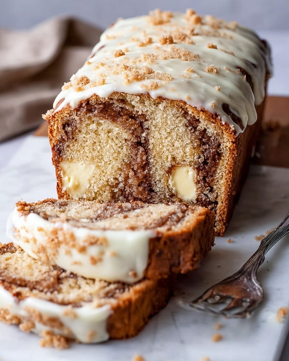 A sliced loaf cake is shown on a wooden board over a white marbled texture, featuring a golden brown crust with a moist and dense inside. The cake has two main layers: a light beige base with swirls of dark brown cinnamon running through it, and chunks of creamy white butter dispersed in the center. The top of the cake is drizzled with smooth white icing and sprinkled with light brown crumb bits, adding a crunchy texture. The front slice is leaning slightly forward, showing the moist layers and melting icing dripping down its edge. A silver fork lies next to the cake. Photo taken with an iphone --ar 4:5 --v 7