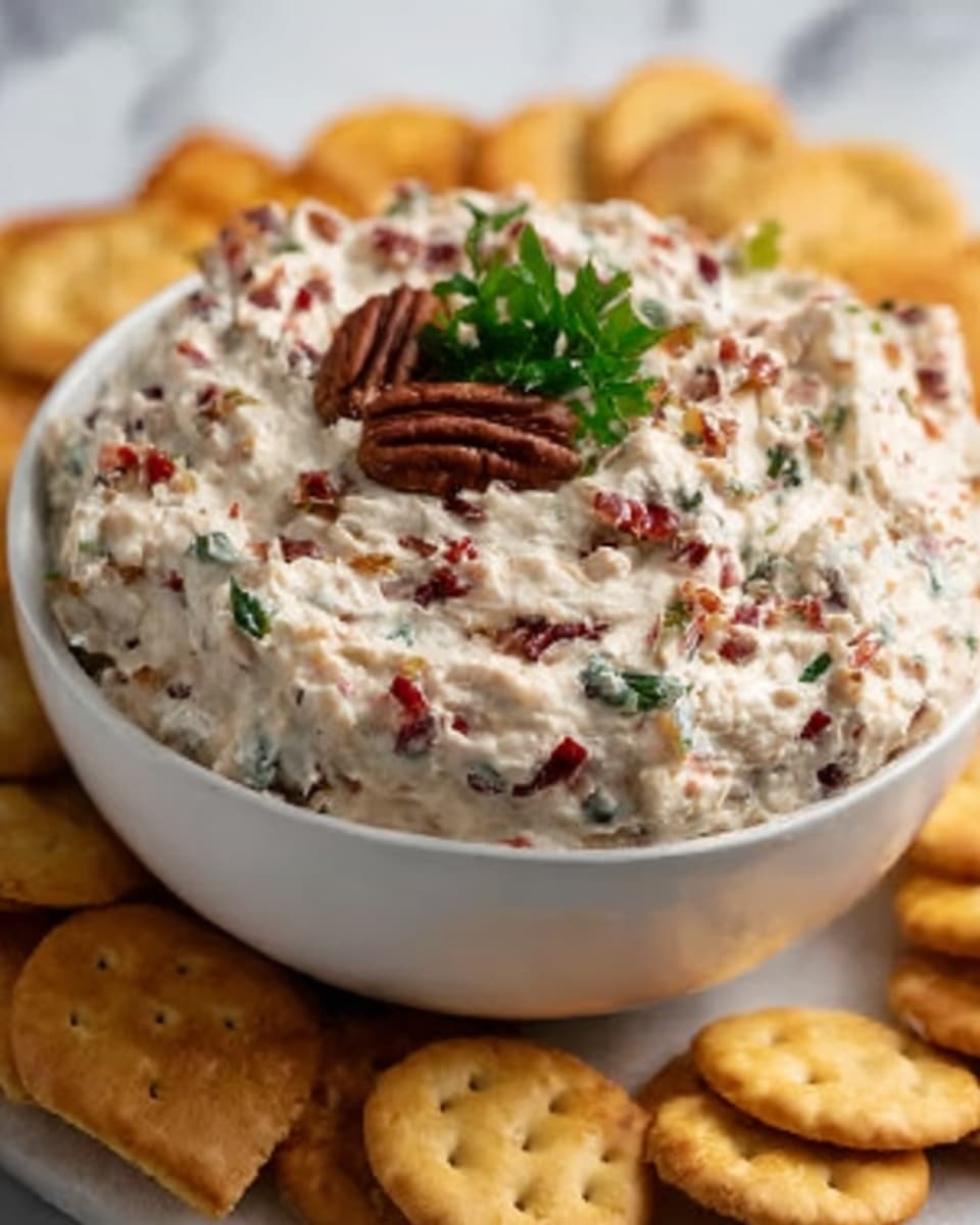 The image shows a white bowl filled with a creamy dip that has a light beige color with visible red bits of dried cranberries mixed throughout. The dip has a smooth and slightly chunky texture, topped with a small bunch of fresh green herbs and a few whole cranberries. Around the bowl, there are light golden-brown crackers arranged closely on a white marbled surface. The overall scene looks fresh and inviting. Photo taken with an iphone --ar 4:5 --v 7