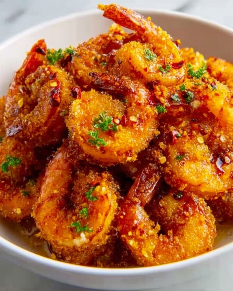 A white plate filled with a pile of cooked shrimp coated in a crispy golden brown crust with visible seasoning and small bits of garlic on top. The shrimp have a slightly shiny texture and are garnished with small sprigs of fresh green parsley scattered evenly across the dish. The shrimp tails are still attached, curling around in different directions, and the overall look is warm and inviting. The background is a white marbled texture. photo taken with an iphone --ar 4:5 --v 7