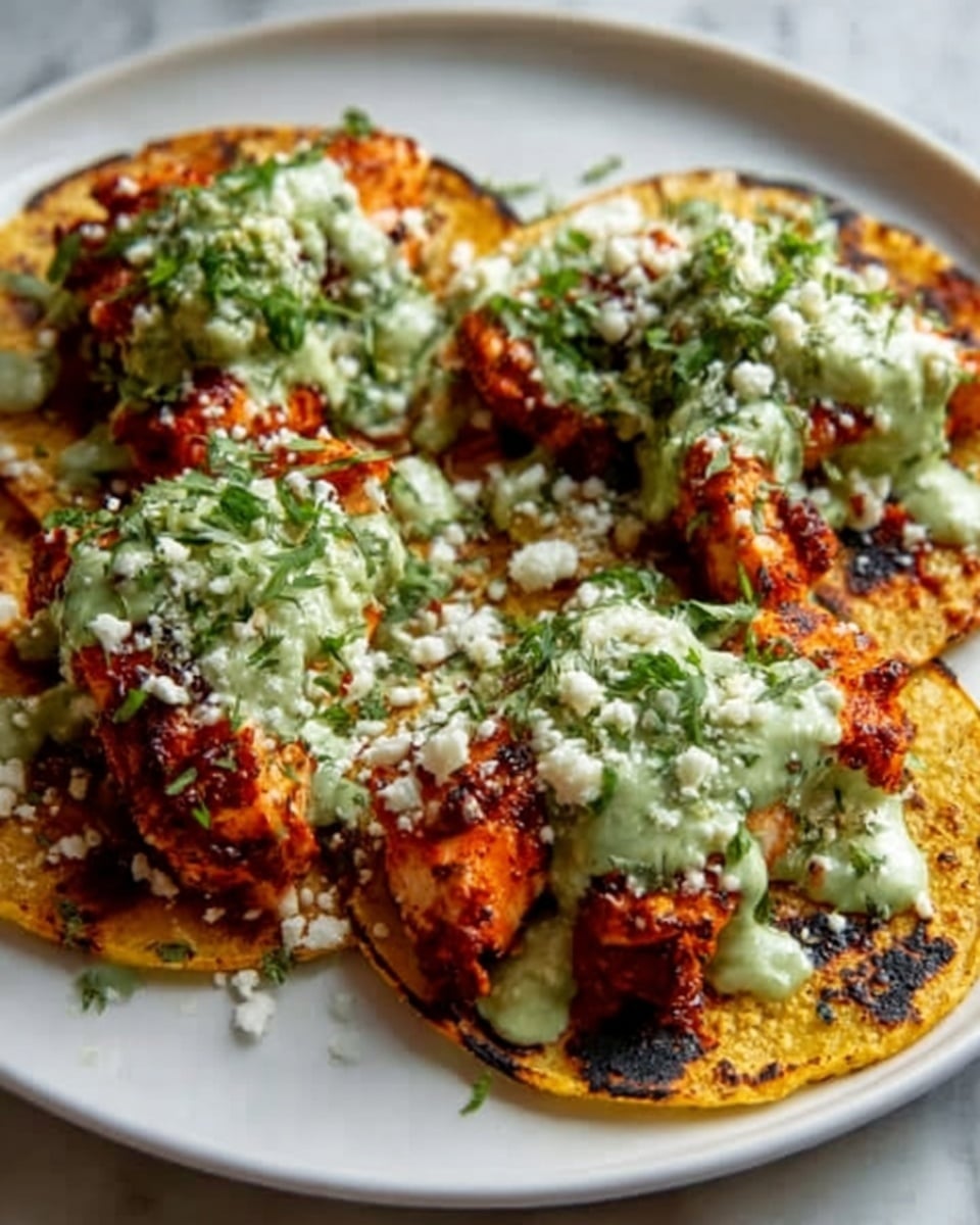 The image shows three tacos on a white plate resting on a white marbled surface, each taco filled with three visible layers: at the bottom, a crispy, lightly browned corn tortilla; in the middle, a rich reddish-brown meat filling; on top, dollops of light green creamy sauce and sprinkled fresh green cilantro leaves, giving a fresh look. The colors are warm and vibrant, showing the texture of the meat and the smoothness of the sauce with small pieces of cilantro scattered over everything. Photo taken with an iphone --ar 4:5 --v 7