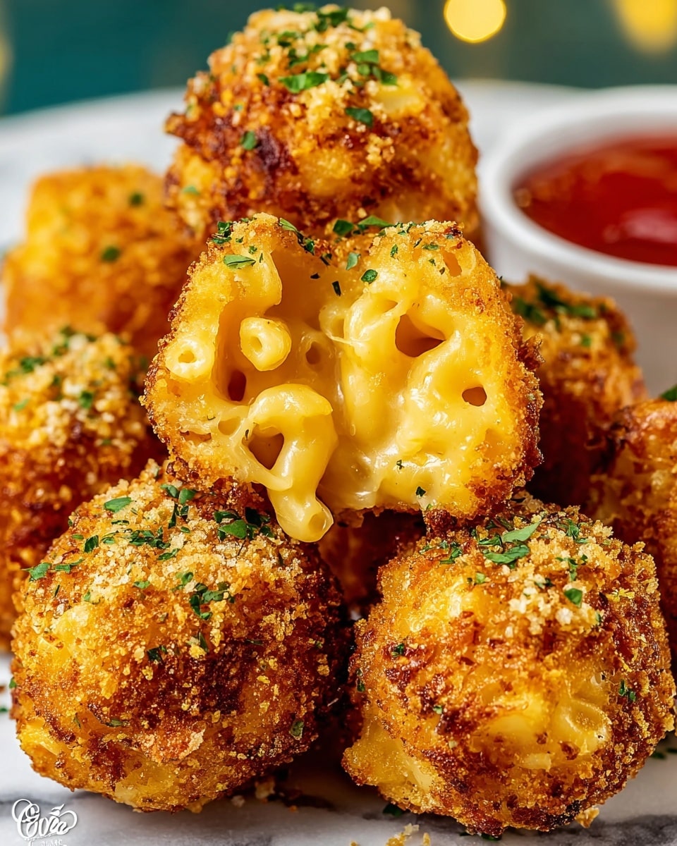 The image shows a close-up of crispy, golden brown fried macaroni and cheese balls, with a rough textured outer crust sprinkled with small green herbs. One ball is broken open near the center, revealing three layers inside: a light golden crunchy crust on the outside, a soft, creamy, and gooey yellow macaroni and cheese filling in the middle with visible elbow pasta shapes, and a light sprinkling of green herbs on the top. The balls are stacked on a white plate placed on a white marbled surface, and in the background, there is a white cup filled with red dipping sauce, slightly blurred. Photo taken with an iphone --ar 4:5 --v 7