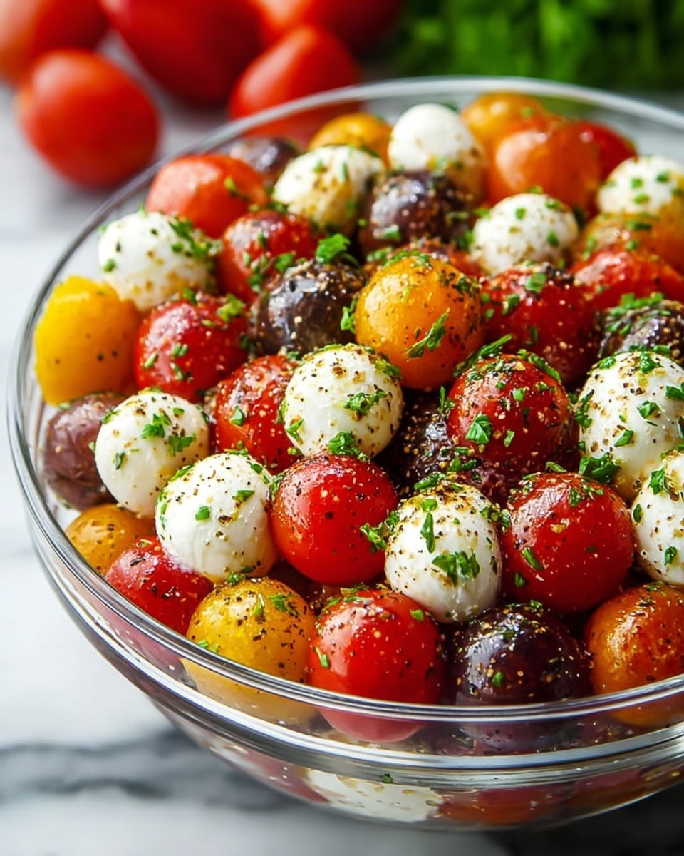 A clear glass bowl filled with two layers: the bottom layer shows a mix of glossy red, orange, and dark cherry tomatoes, some whole and some halved, with a fresh, juicy texture. The top layer has small white mozzarella balls scattered evenly among the tomatoes. The whole bowl is sprinkled with chopped green herbs and coarse black pepper, giving a fresh and zesty look. The bowl is placed on a white marbled surface, and blurred red tomatoes and green leaves appear softly in the background. photo taken with an iphone --ar 4:5 --v 7