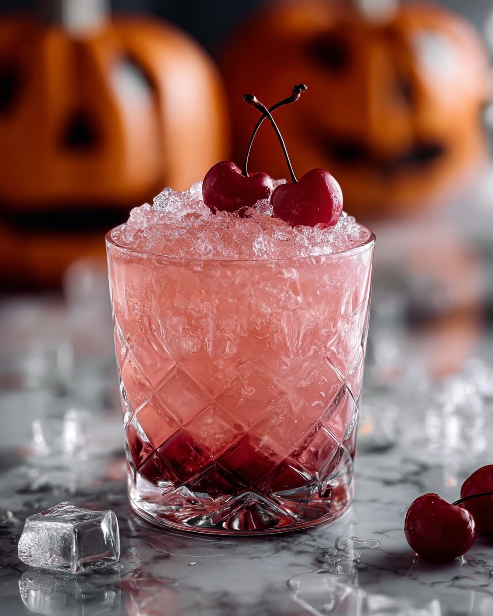 A clear, short glass filled with crushed ice rises above a bright pink drink, with deep red cherries settled at the bottom and two shiny red cherries with stems placed on top of the ice. The glass has a textured, diamond pattern and sits on a white marbled surface with a few scattered ice pieces and cherries around it. The background is softly blurred with dark tones and a carved orange pumpkin visible. photo taken with an iphone --ar 4:5 --v 7