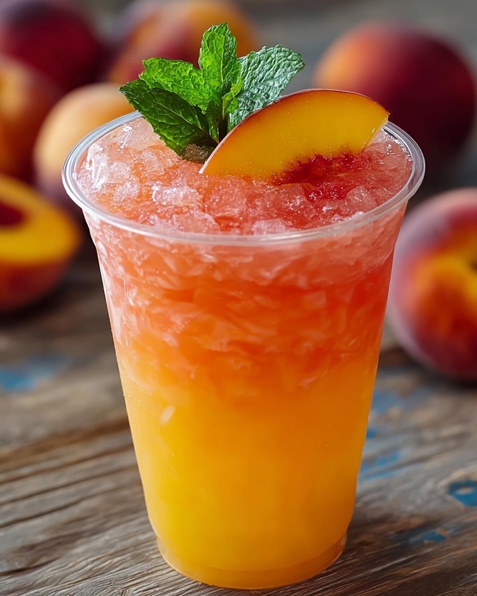 A clear glass filled with two main layers of a drink: the bottom layer is a bright yellow-orange with a smooth texture, and the top layer transitions into a light pinkish-orange filled with crushed ice, giving a frosty and textured look. On top, there is a fresh green mint sprig and a peach slice with yellow and red shading placed near the rim. The glass stands on a white marbled texture surface, and in the blurred background, two peaches are visible. photo taken with an iphone --ar 4:5 --v 7