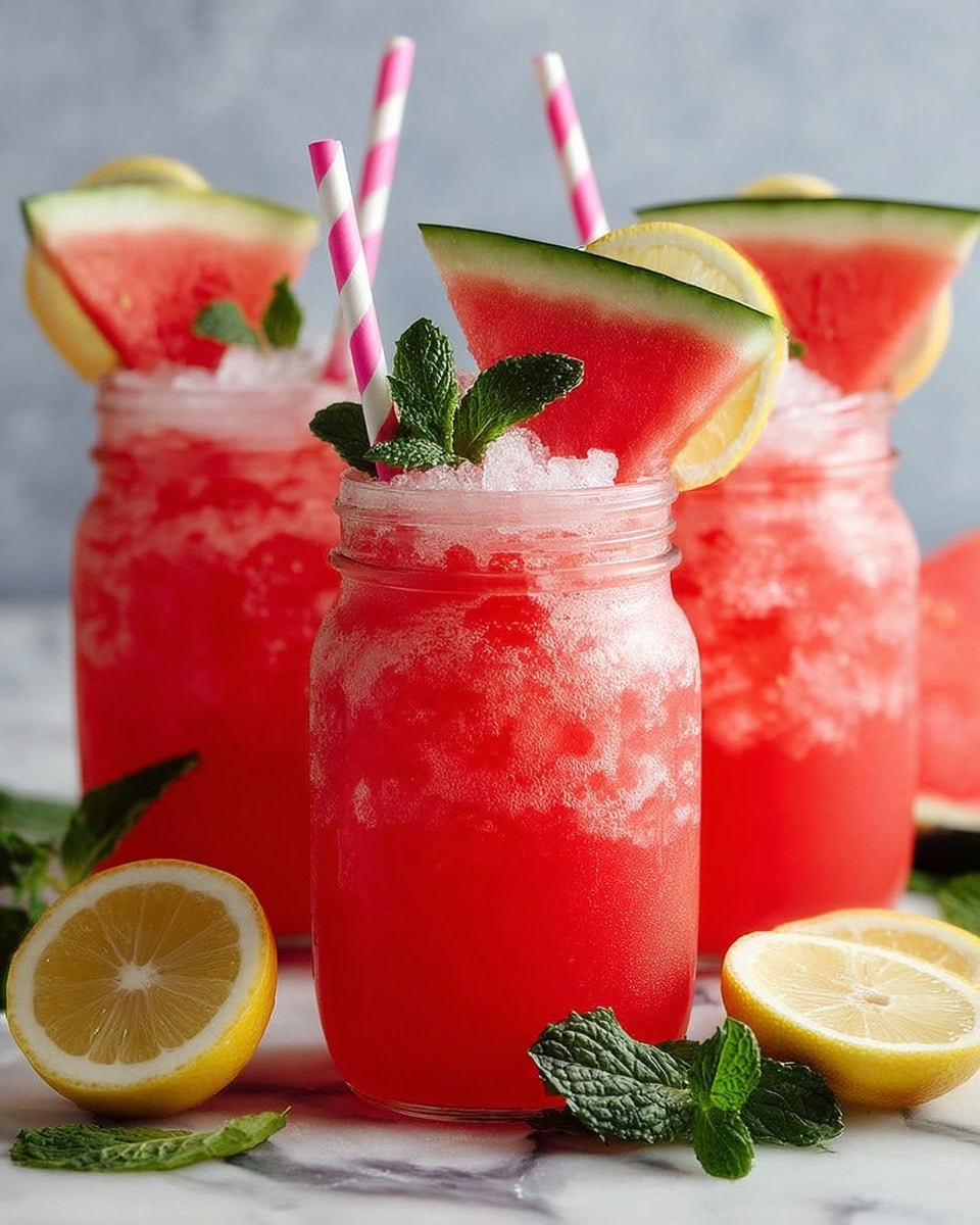 The image shows three clear glass jars filled with bright red watermelon juice with a rough icy texture. Each jar is topped with a green watermelon slice with white rind on the top right edge, a thin yellow lemon slice hanging on the rim, and a small bunch of fresh green mint leaves placed in front of the watermelon slice. Pink and white striped paper straws are inside the jars. The jars rest on a light wooden surface with scattered lemon halves and small bunches of mint leaves around them. Large watermelon wedges with bright red flesh and green rind stand behind the jars on a white marbled surface. photo taken with an iphone --ar 4:5 --v 7