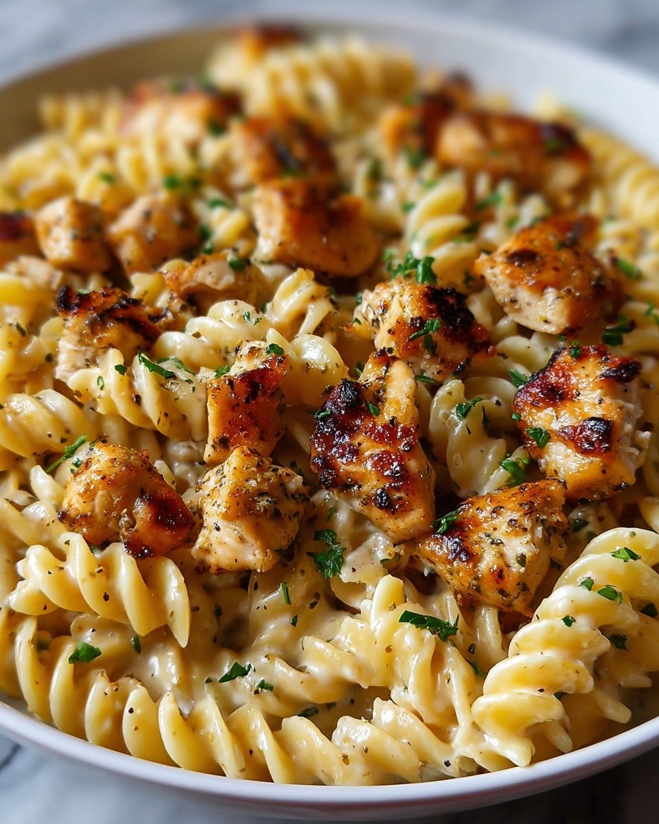 The image shows a close-up of a dish with two main layers: the first layer is creamy, pale yellow rotini pasta with a smooth, soft texture; the second layer, scattered on top, consists of golden-brown grilled chicken pieces with a slightly charred look and specks of black pepper. Small green herb flakes are sprinkled evenly over the dish, adding fresh color contrast to the warm tones. The food is inside a white bowl, placed on a white marbled surface. Photo taken with an iphone --ar 4:5 --v 7
