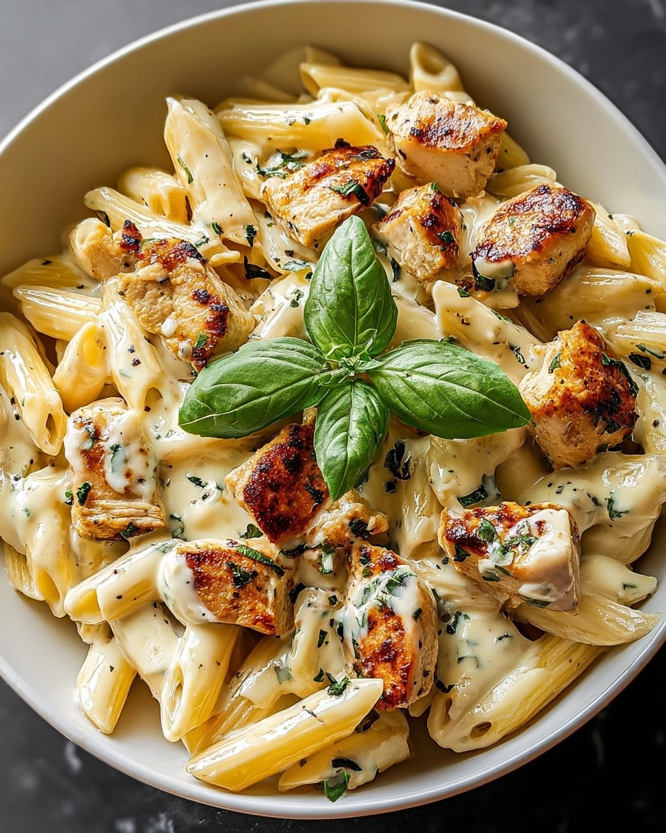 A close-up of a bowl of creamy pasta with grilled chicken and fresh herbs. The base layer is penne pasta coated in a smooth, light beige cream sauce with a slightly glossy texture. On top, pieces of grilled chicken are scattered, showing golden-brown char marks and a juicy, slightly rough texture. Small pieces of chopped green herbs are sprinkled across the dish, adding contrast in color. A few whole fresh green basil leaves sit in the center, giving a lively touch. The dish is served in a white bowl placed on a white marbled surface. photo taken with an iphone --ar 4:5 --v 7