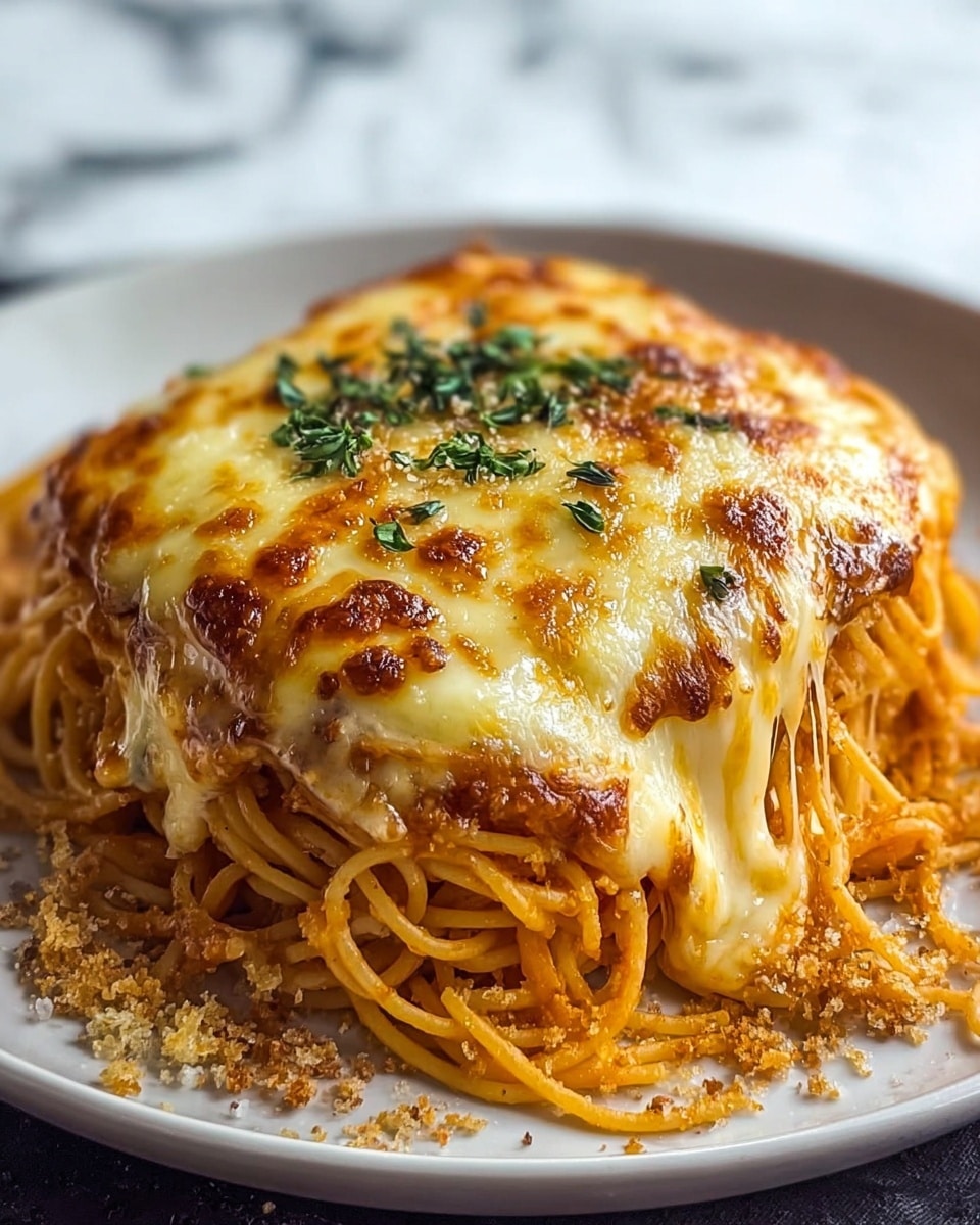 A white plate holds a neat square layer of golden-brown melted cheese with a slightly crispy top and small green herb sprigs scattered on it. Below the cheese is a thick bed of spaghetti coated in a light reddish sauce, with some strands casually spread on the plate. There are small crumbs of a light brown powder around the edges on the white plate. The whole scene is set on a white marbled texture. photo taken with an iphone --ar 4:5 --v 7