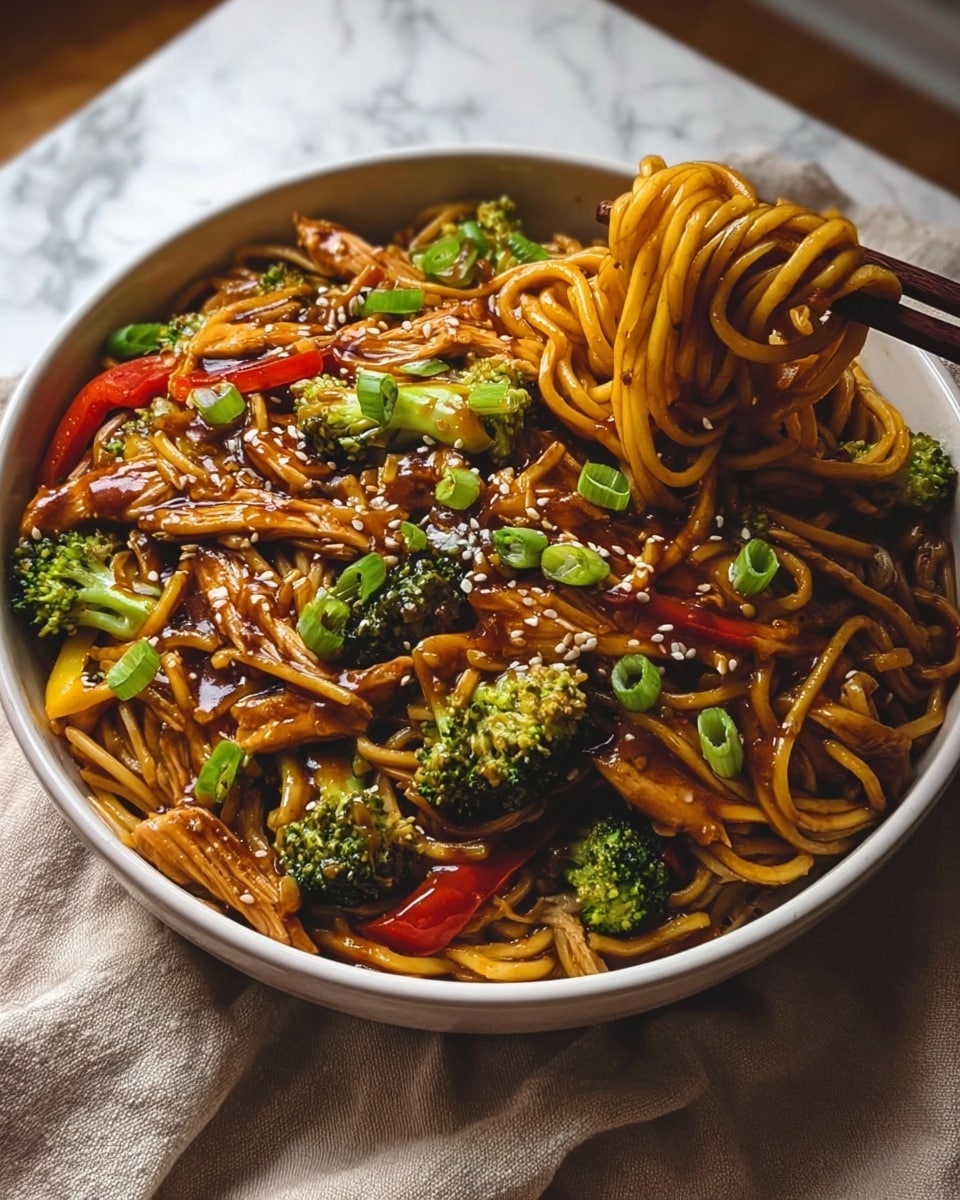 A bowl filled with noodles coated in a shiny brown sauce, mixed with pieces of cooked chicken that are dark brown from the sauce. Bright green broccoli florets and long strips of red and yellow bell peppers are scattered throughout the noodles. The top is sprinkled with white sesame seeds and chopped green onions. On the right side, chopsticks held by a woman's hand lift a twisted bunch of noodles covered in sauce. The bowl is white and sits on a white marbled surface. photo taken with an iphone --ar 4:5 --v 7