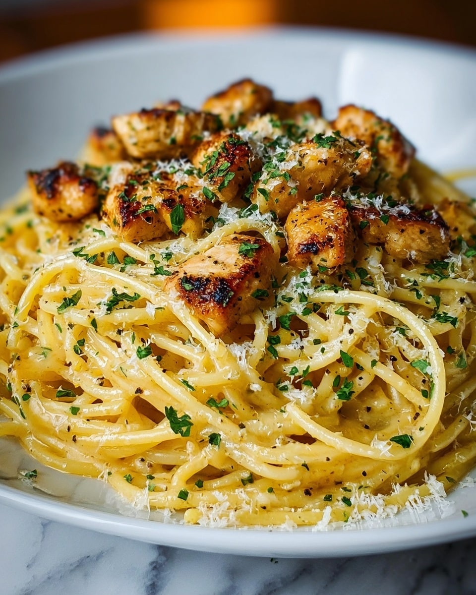 The dish shows a white plate filled with creamy yellow spaghetti noodles, cooked smoothly and slightly coated with sauce. On top, there are several pieces of grilled chicken, browned with a crispy texture and a glossy finish. The entire dish is sprinkled with finely chopped green herbs and small shavings of white cheese, adding contrast and freshness to the spaghetti and chicken. The background is softly blurred with warm light, all placed on a white marbled surface. photo taken with an iphone --ar 4:5 --v 7