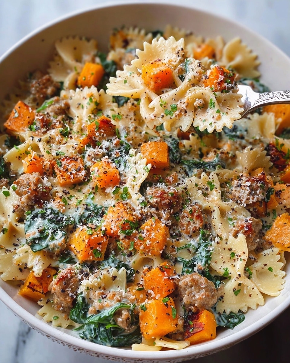 A bowl filled with three main layers: at the bottom is light yellow farfalle pasta, scattered evenly throughout; the second layer consists of bright orange roasted butternut squash cubes, dark green spinach leaves, and browned crumbled sausage pieces spread all over; the top layer is a creamy light sauce, sprinkled with finely grated cheese, chopped herbs, and small dark flakes of seasoning. A silver fork lifts a portion of pasta, squash, and sausage from the bowl, showing the mix clearly. The bowl is white and set on a white marbled surface. Photo taken with an iphone --ar 4:5 --v 7