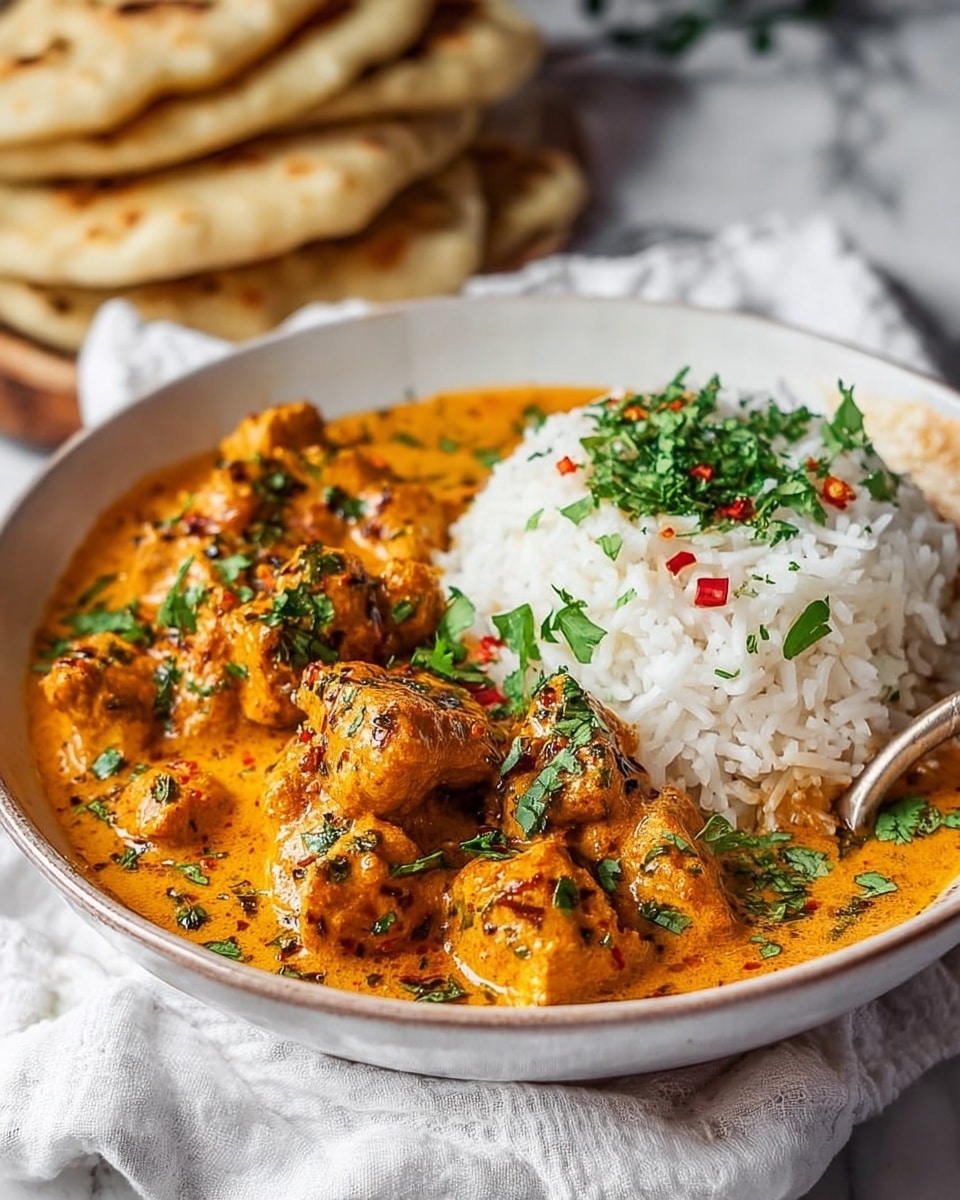 A white bowl holds two main layers: on the left side, bright orange curry sauce with tender, golden-brown grilled chicken pieces mixed in, sprinkled with chopped green herbs and small red chili flakes; on the right side, a layer of fluffy white rice topped with scattered green herbs; a gold-colored spoon rests inside the bowl on the left side, and the bowl sits on a soft textured white cloth with a white marbled surface beneath, with some flatbread stacked blurred in the background. photo taken with an iphone --ar 4:5 --v 7