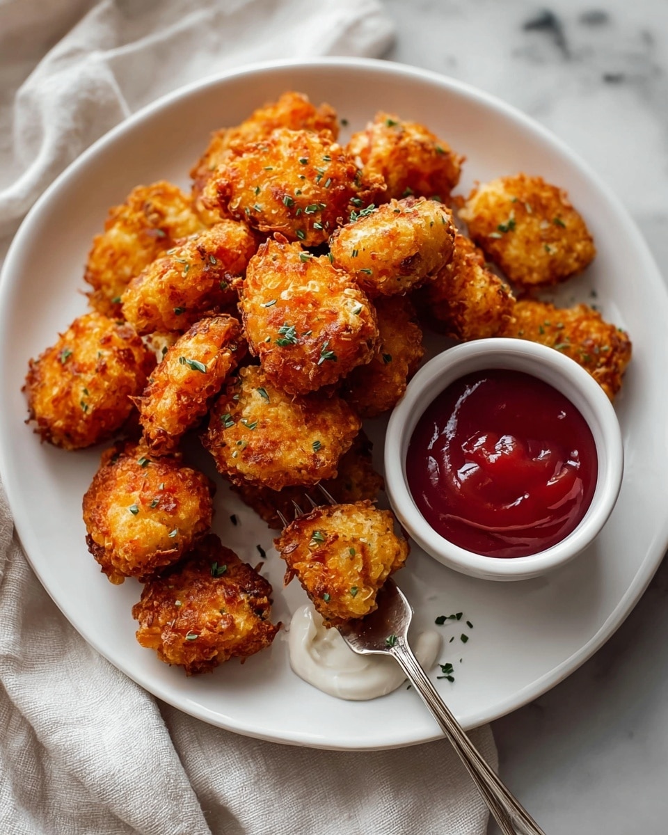 A white plate full of golden brown, crispy popcorn chicken pieces, each with a rough, crunchy texture and small bits of green herbs sprinkled on top. The plate shows a small white dipping bowl filled with smooth, thick red ketchup placed on the right side, sitting on a pool of creamy white sauce that slightly spreads onto the plate with one piece of chicken dipped in it near a silver fork. All this is set on a white marbled surface with soft fabric in the background. photo taken with an iphone --ar 4:5 --v 7