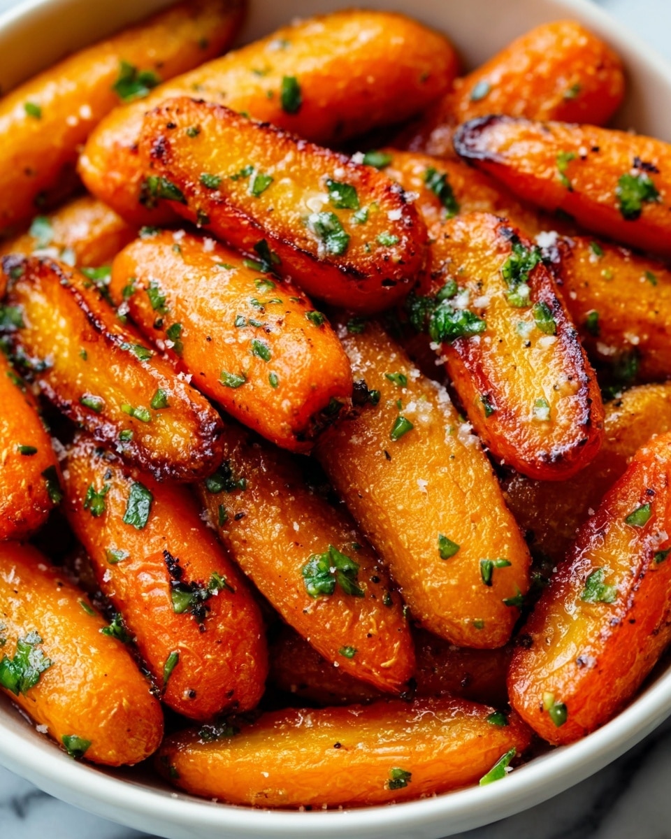 The image shows a close-up of golden brown roasted baby carrots arranged in a white bowl. Each carrot has a slightly wrinkled texture with crispy edges and a shiny glaze, likely from oil or butter. Small green parsley pieces are sprinkled evenly over the carrots, adding color contrast. The carrots look tender and well-cooked, with some darker caramelized spots on their surface. The white bowl sits on a white marbled textured background. photo taken with an iphone --ar 4:5 --v 7